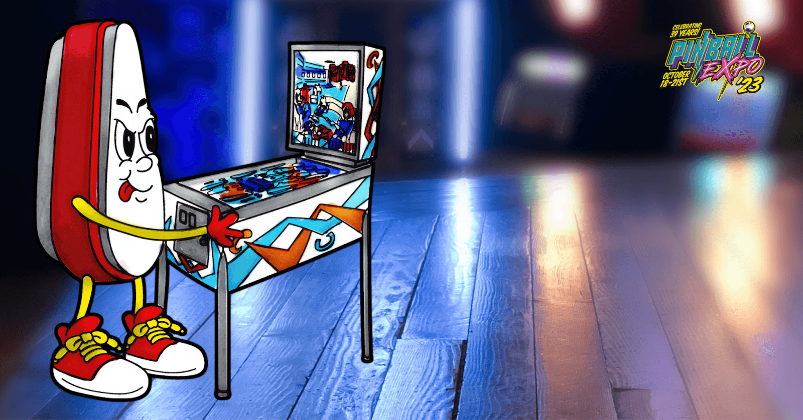 Cartoon hotdog character playing pinball at Pinball Expo 2023