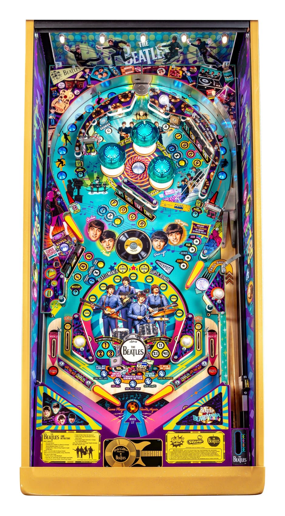 Colorful Beatles-themed pinball machine with band members and music icons
