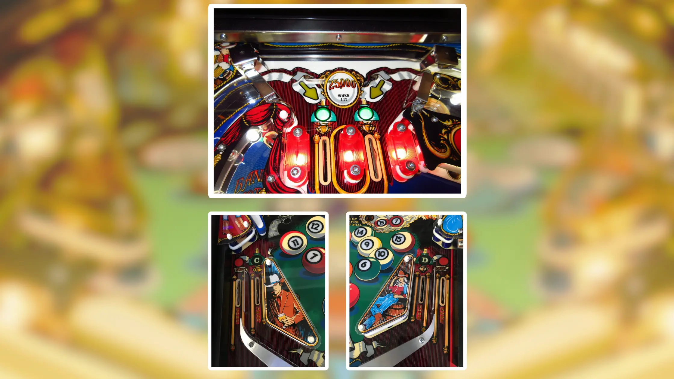 Vintage pinball machine with colorful flippers, lights, and billiard ball targets
