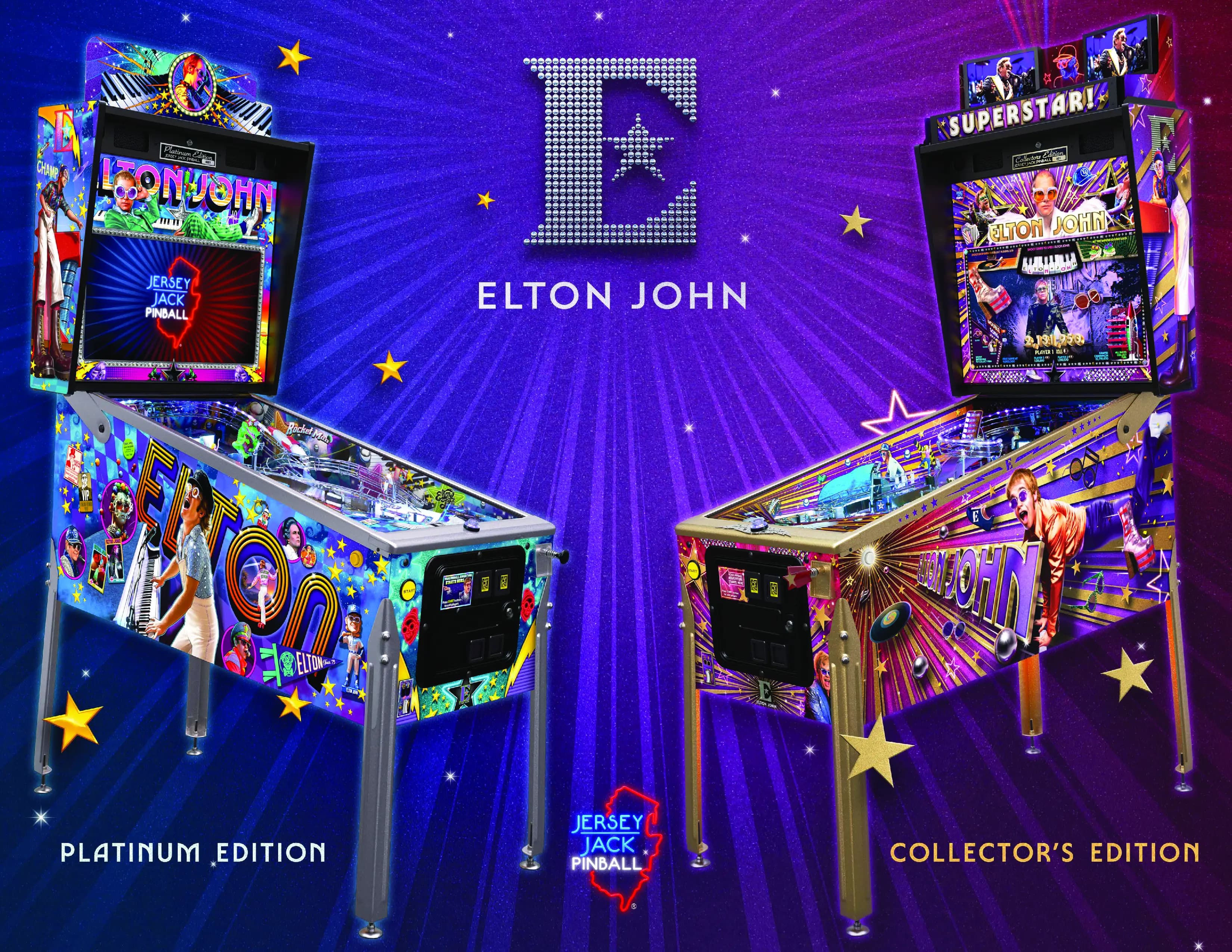 Colorful Elton John pinball machines in Platinum and Collector's Editions