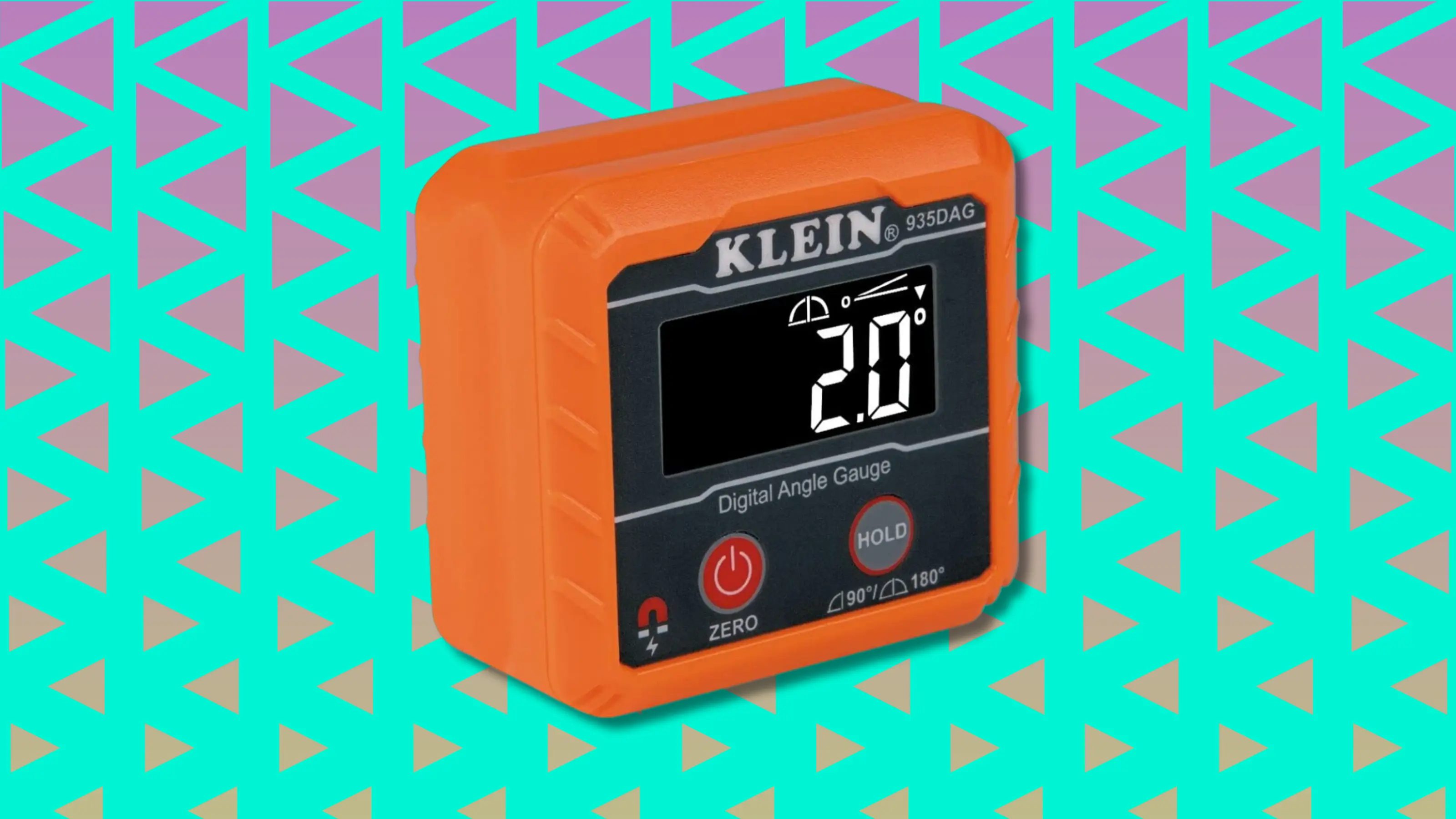 Orange Klein digital angle gauge showing 20 degrees on geometric background