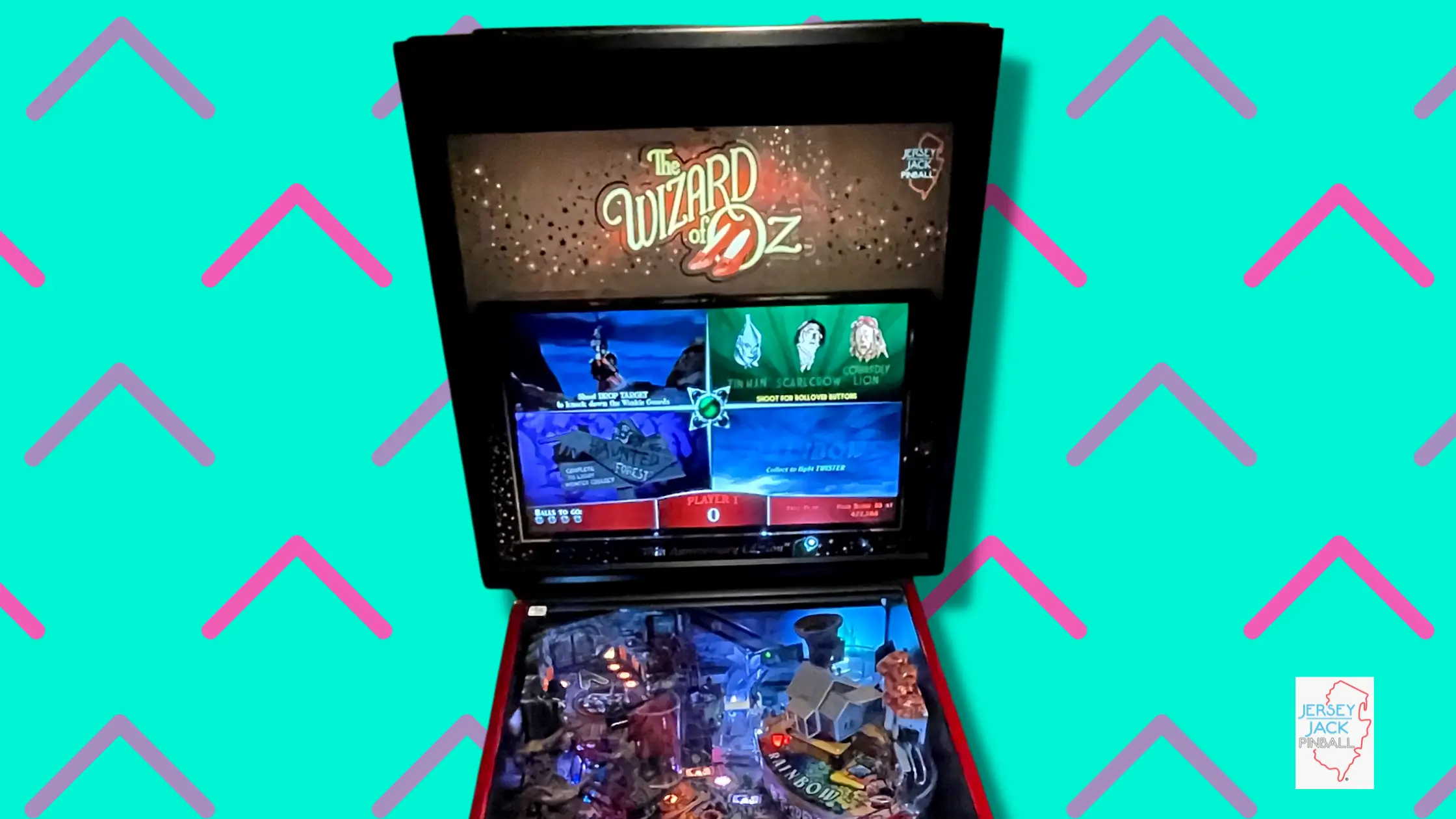 Wizard of Oz pinball machine screen with colorful playfield display
