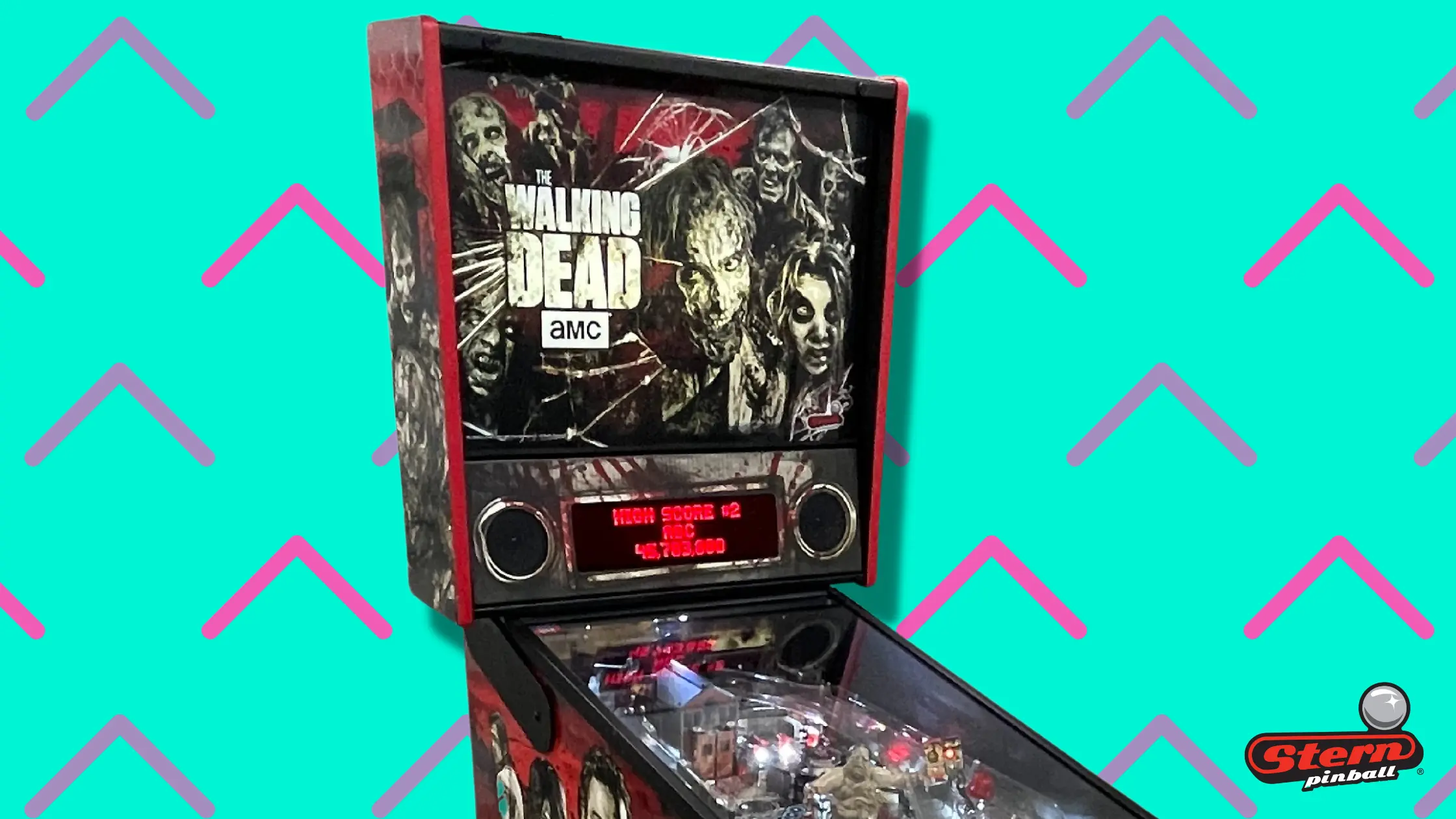 The Walking Dead themed pinball machine with zombies and AMC logo