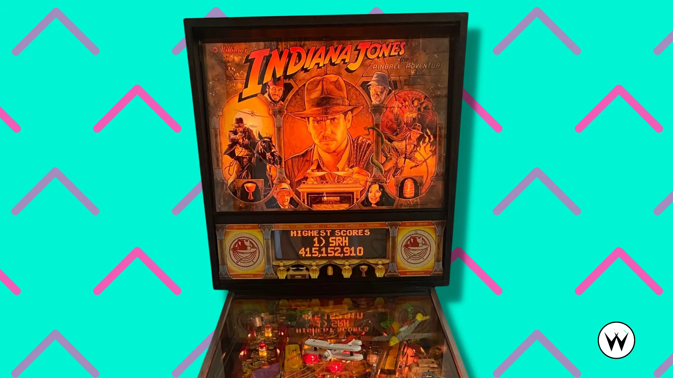 Indiana Jones pinball machine with colorful artwork and high score display