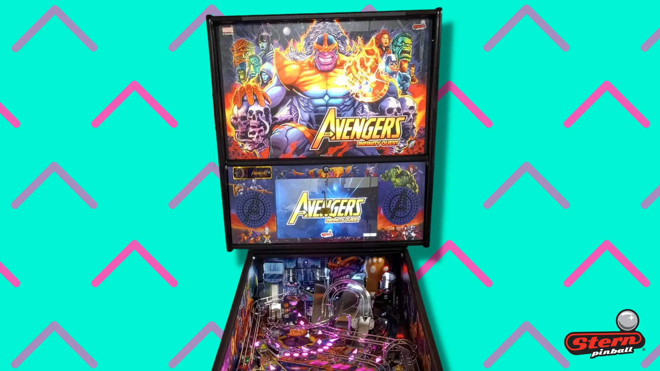 Avengers Infinity Quest pinball machine with colorful superhero artwork