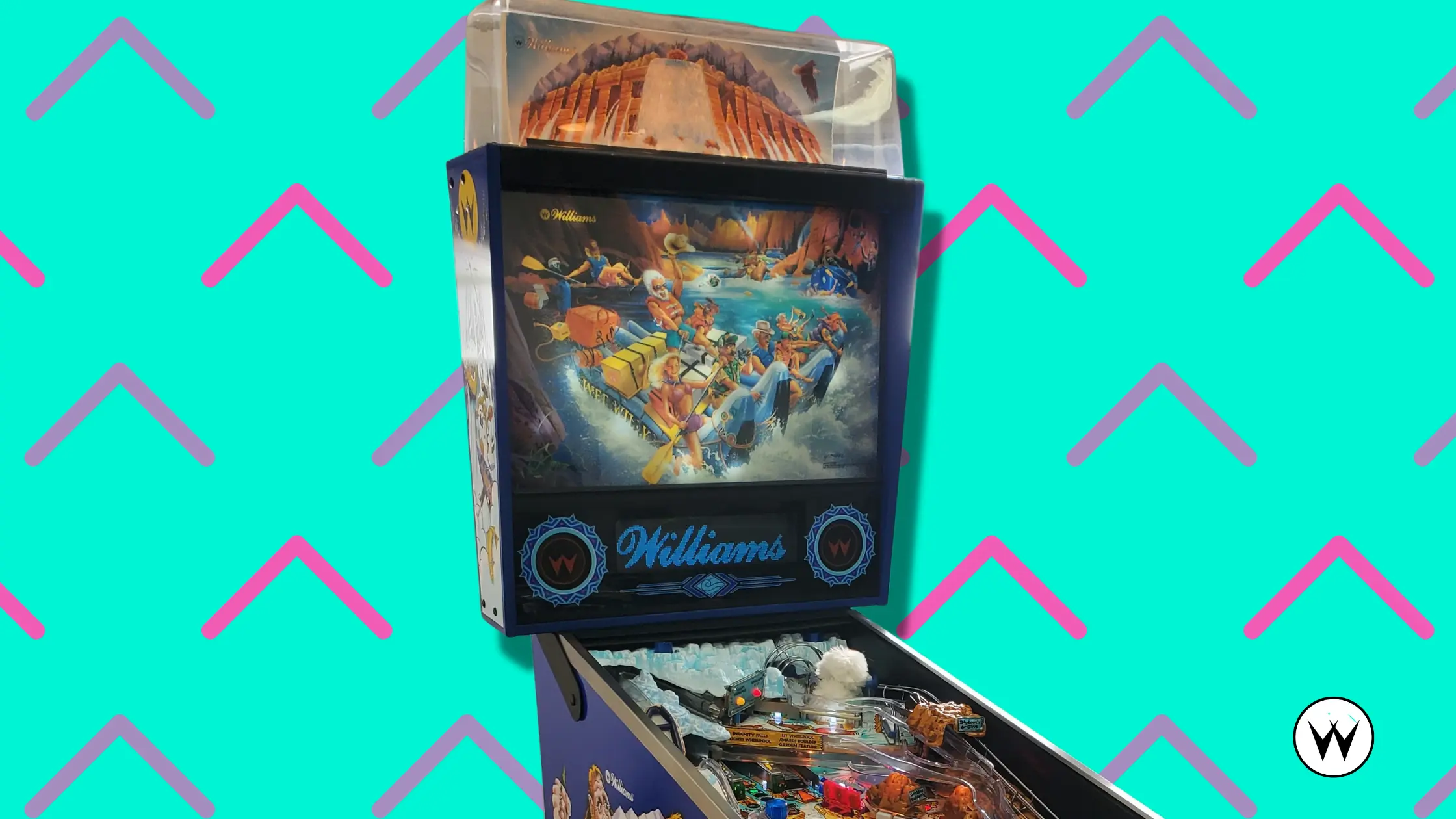 Vintage Williams pinball machine with river rafting theme illustration