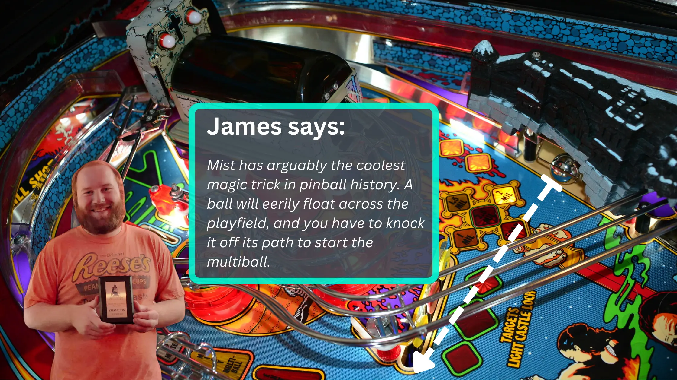 Colorful pinball machine with text describing Mist magic trick