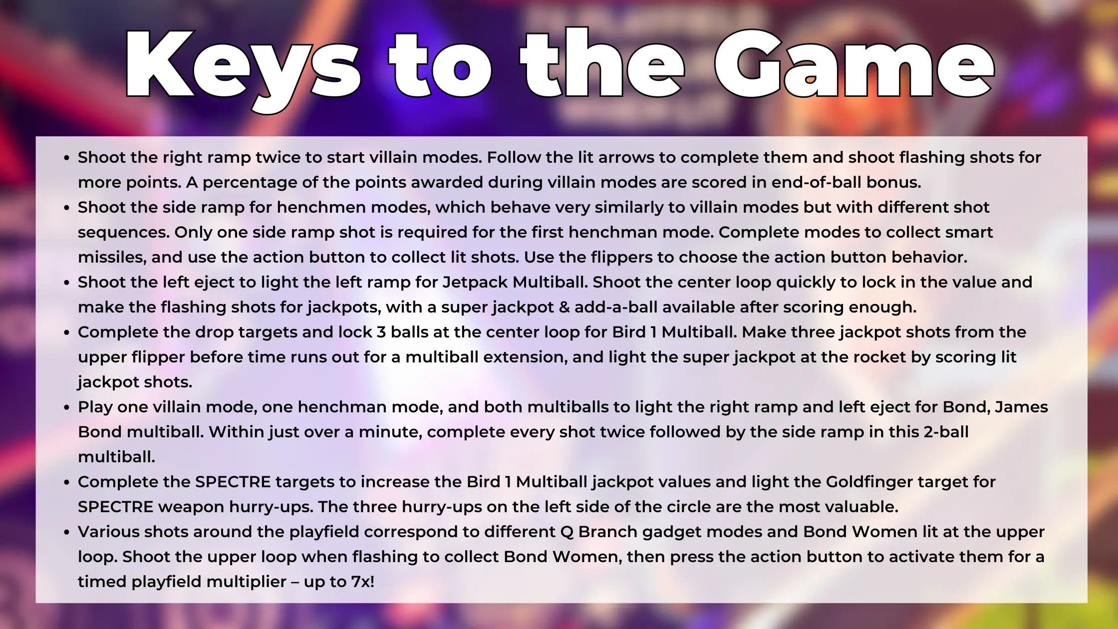 Game instructions for a James Bond-themed pinball machine gameplay guide