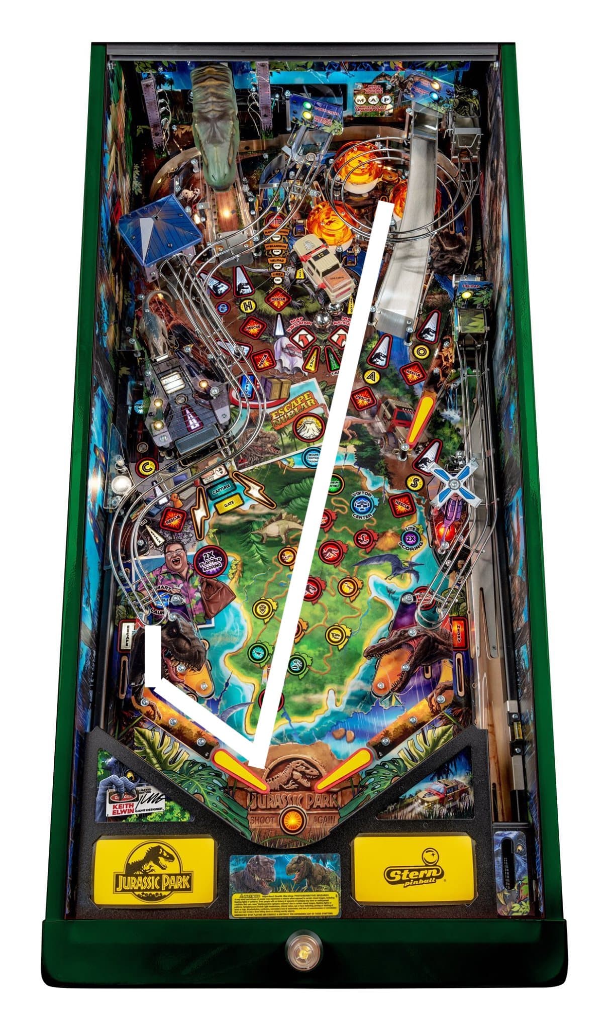 Jurassic Park themed pinball machine with dinosaurs and colorful game elements