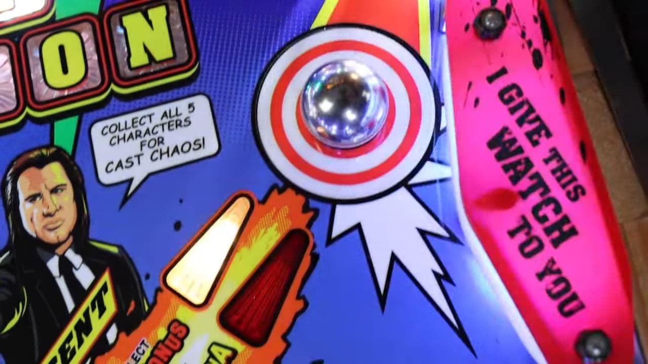 Comic book style image with colorful graphic and silver reflective button