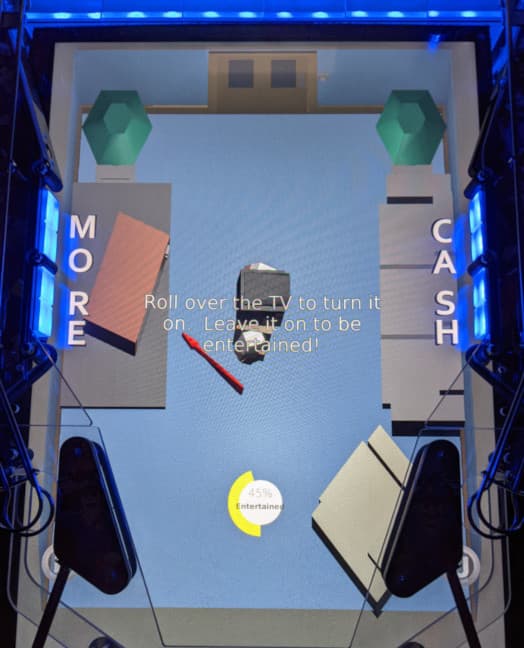 Interactive display encouraging TV interaction with 'More Cash' theme