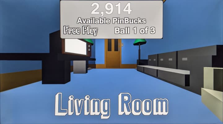 Minimalist 3D living room scene with game interface showing available PinBucks