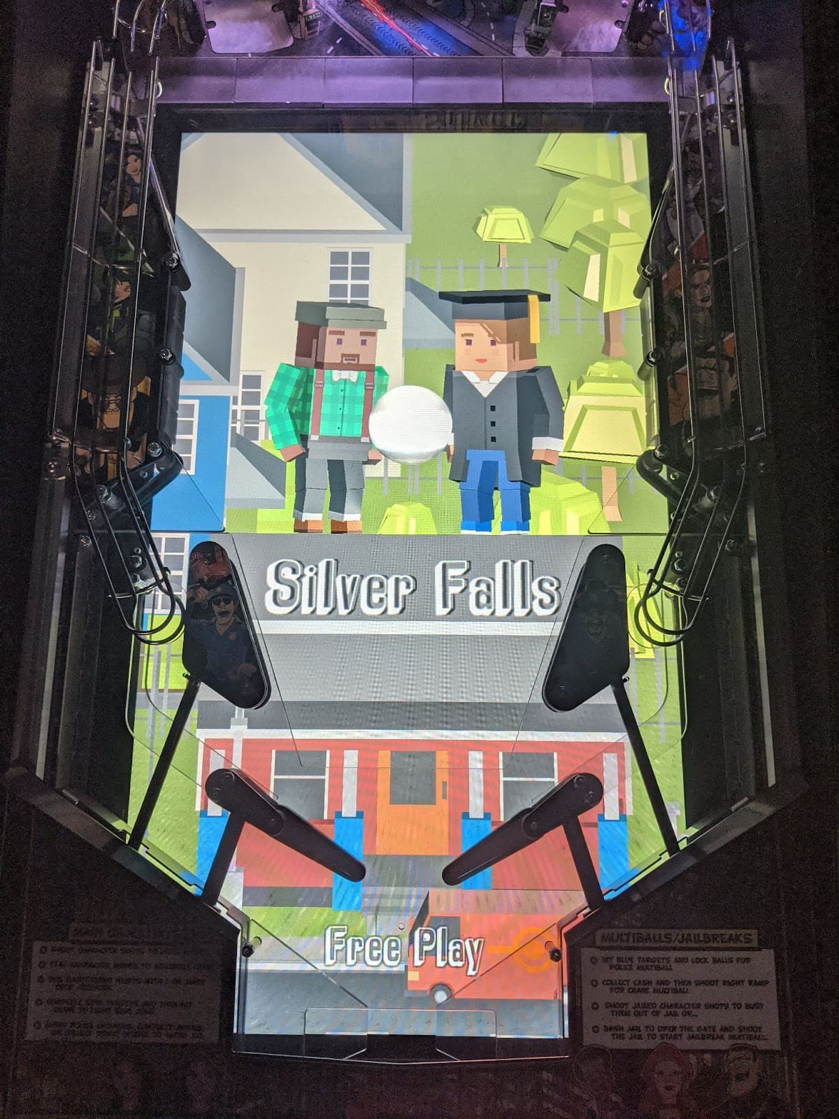 Minecraft-style pinball machine screen with pixelated characters in Silver Falls