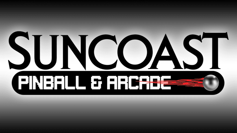 Suncoast Pinball & Arcade logo with stylized silver ball and black background