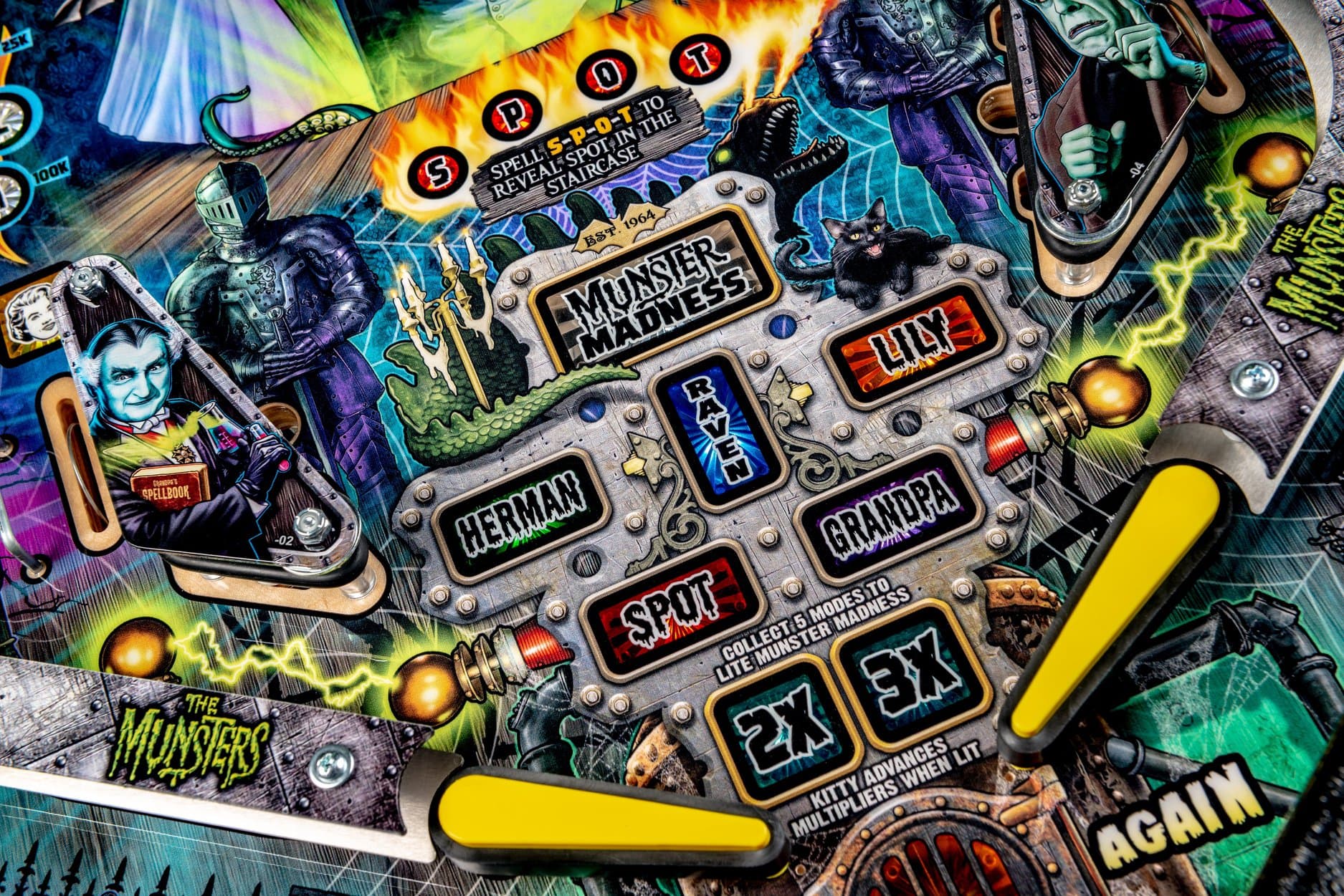 The Munsters themed pinball machine with colorful, detailed monster graphics