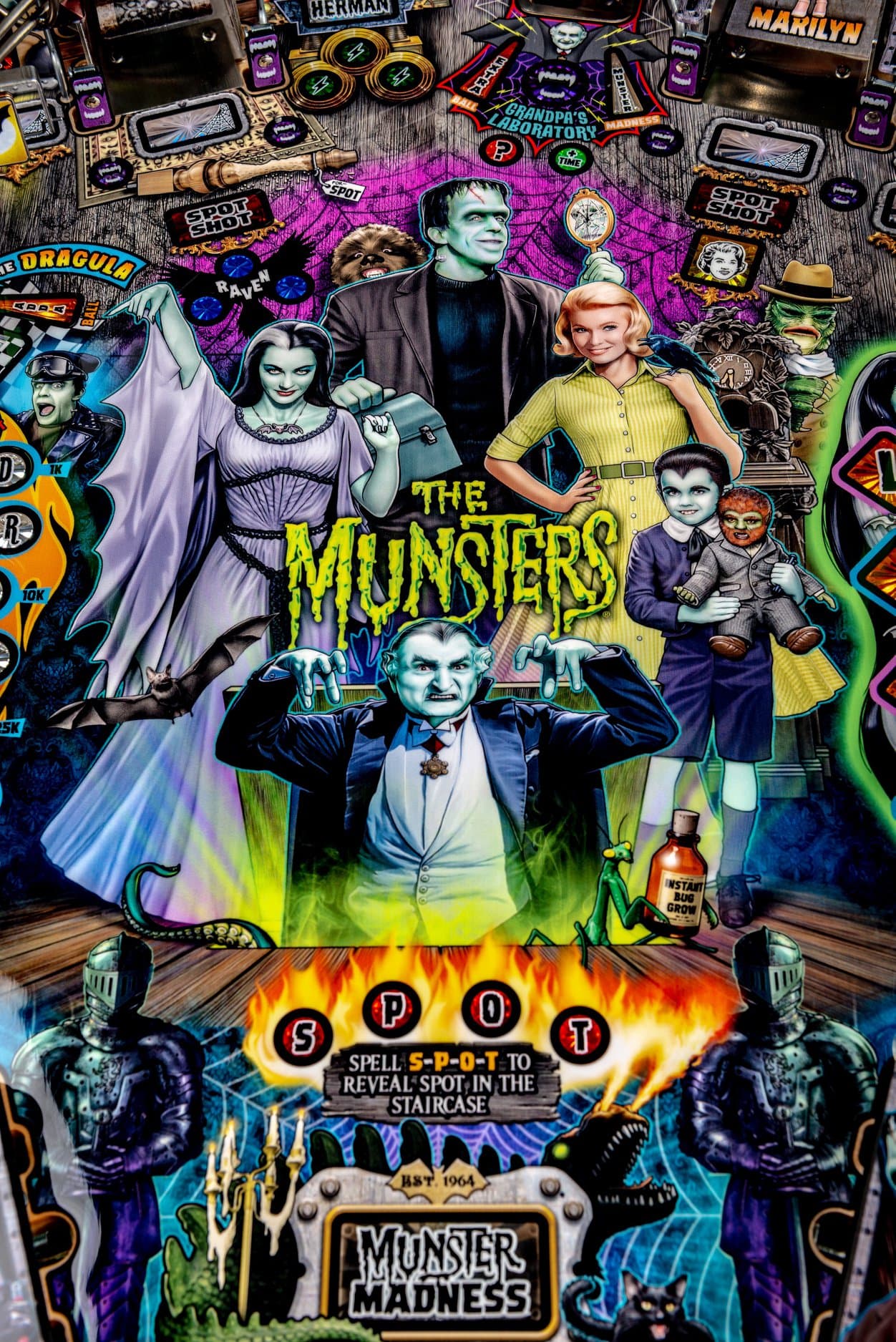Colorful poster featuring The Munsters characters in monster-themed collage