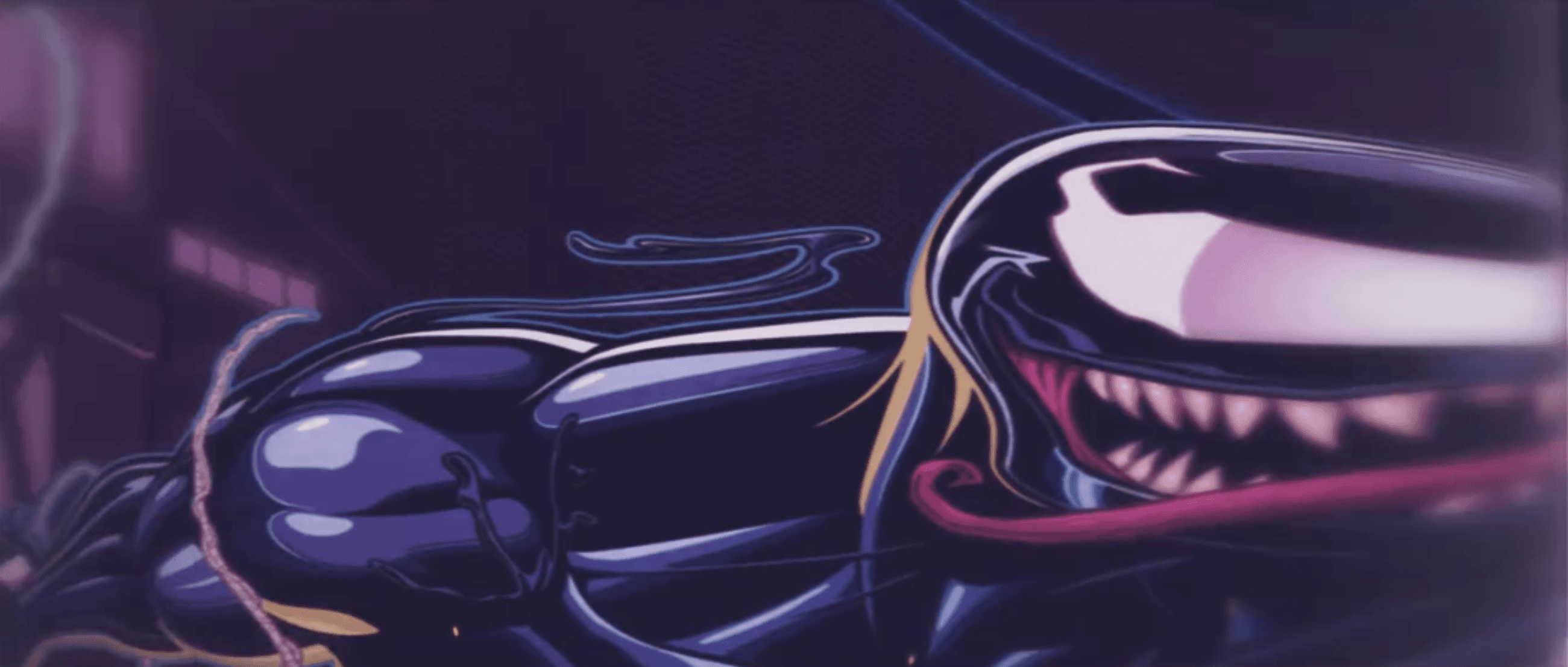 Abstract symbiote creature with sharp teeth in dark purple tones