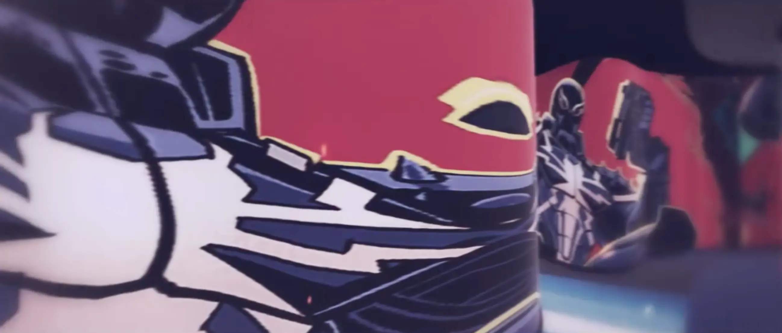 Stylized robotic or armored figures with angular design against red background