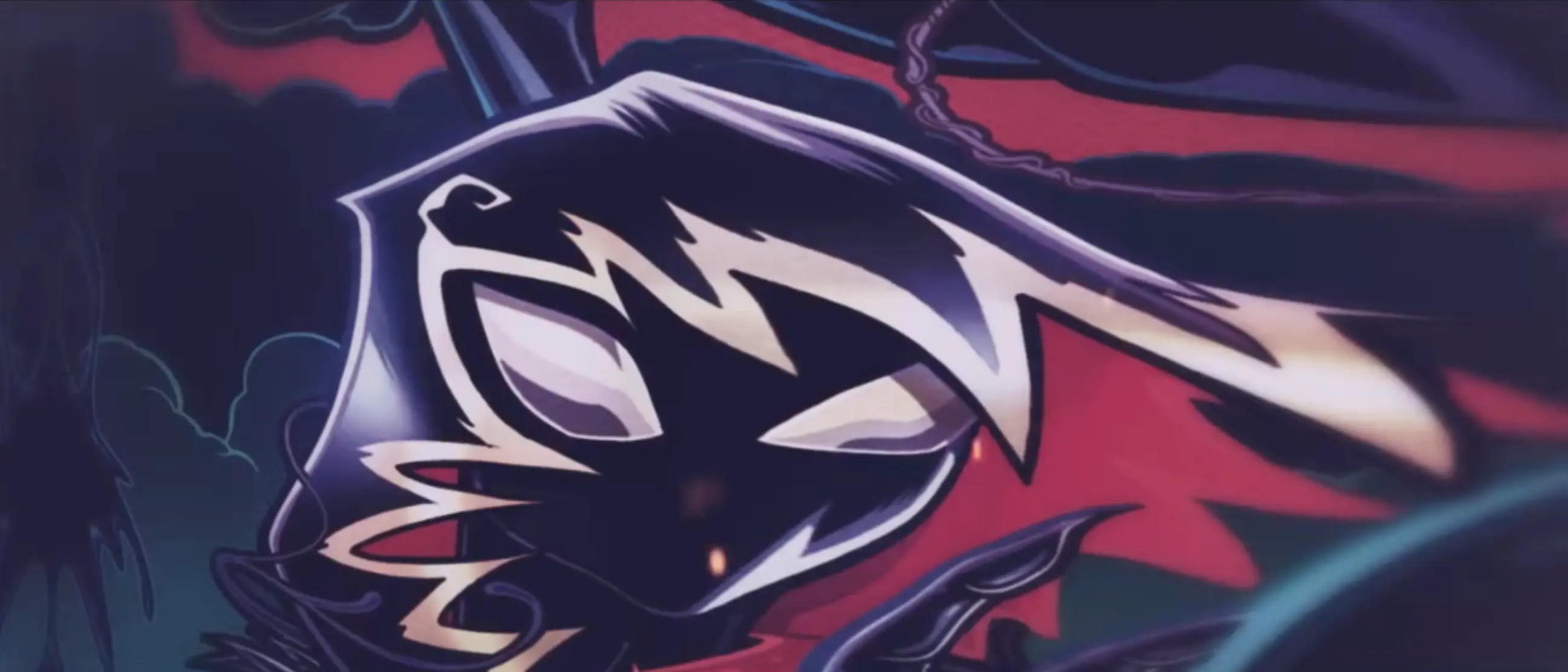 Abstract stylized mask or face with sharp white and purple design