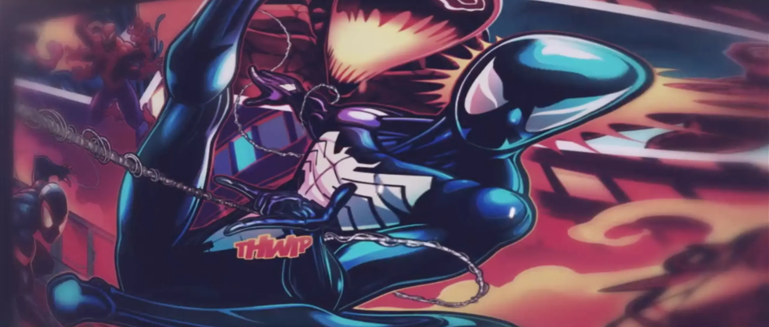 Symbiote Spider-Man in dynamic pose with vibrant red and blue background