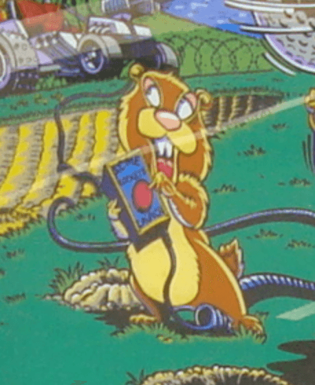 Cartoon gopher holding a device on grassy background with machinery
