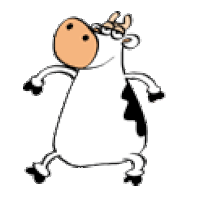 Cartoon cow dancing and smiling with big round head