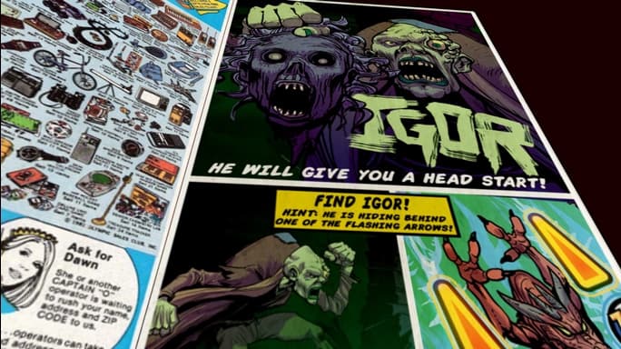 Vintage comic book page with scary green zombies and Igor poster