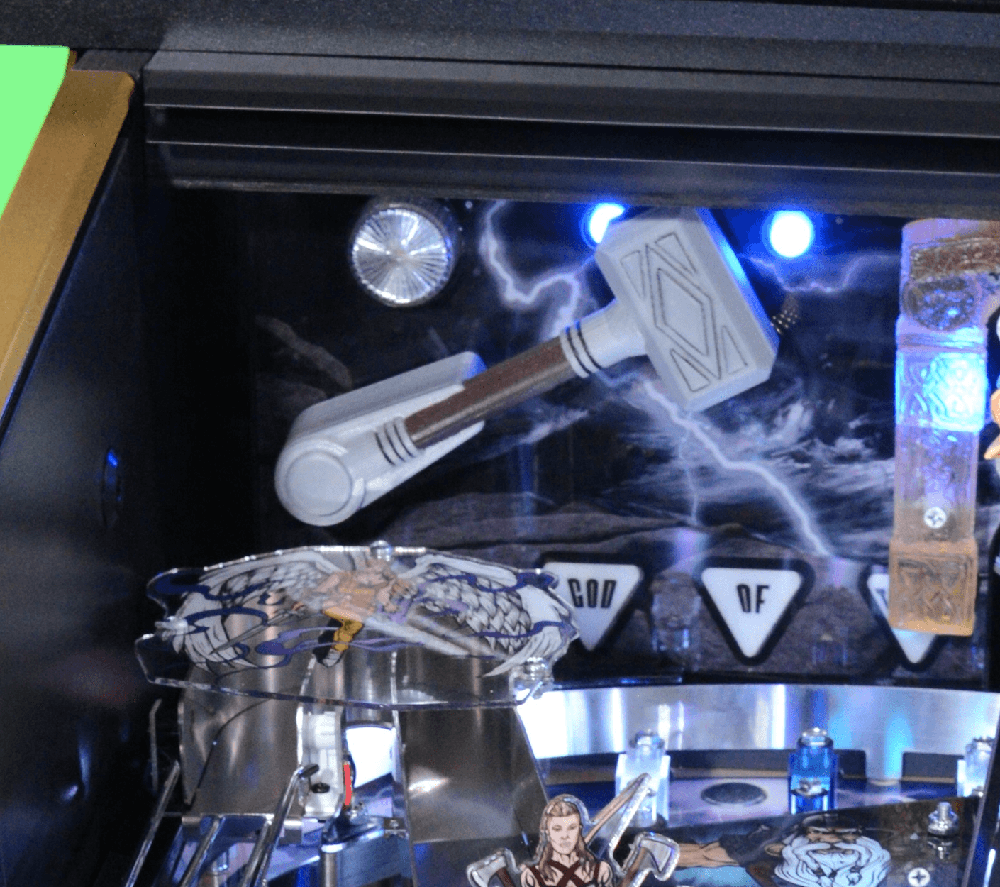Thor's hammer Mjolnir with lightning, displayed in a collectible showcase