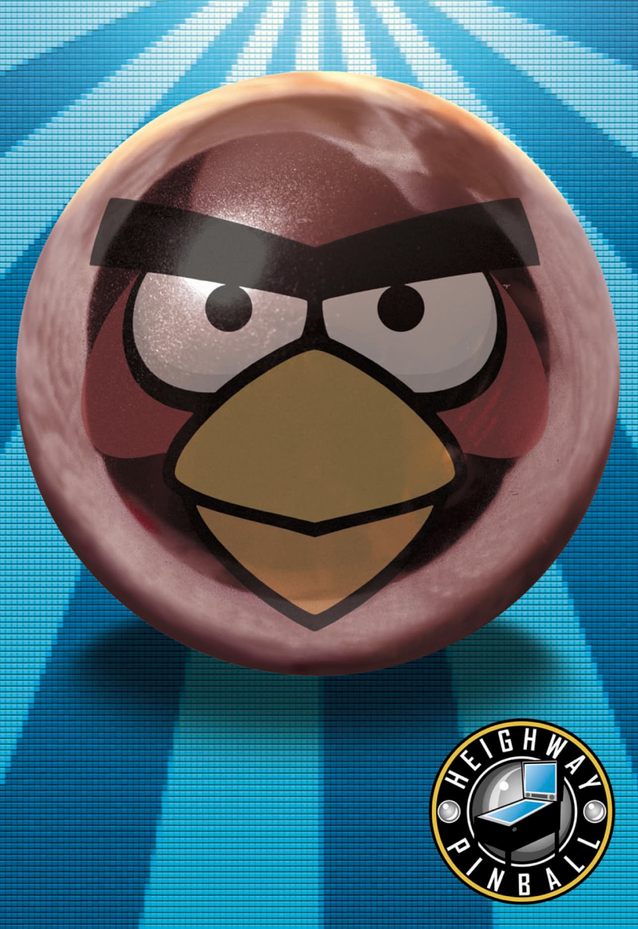 Angry red Angry Birds character on glossy sphere with pixelated background