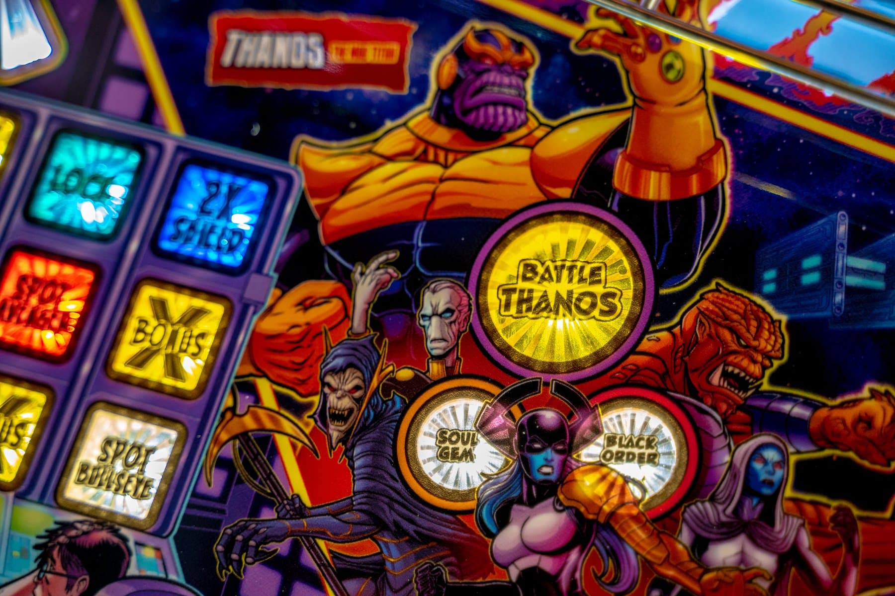 Colorful Thanos pinball machine with Marvel villains and bonus buttons