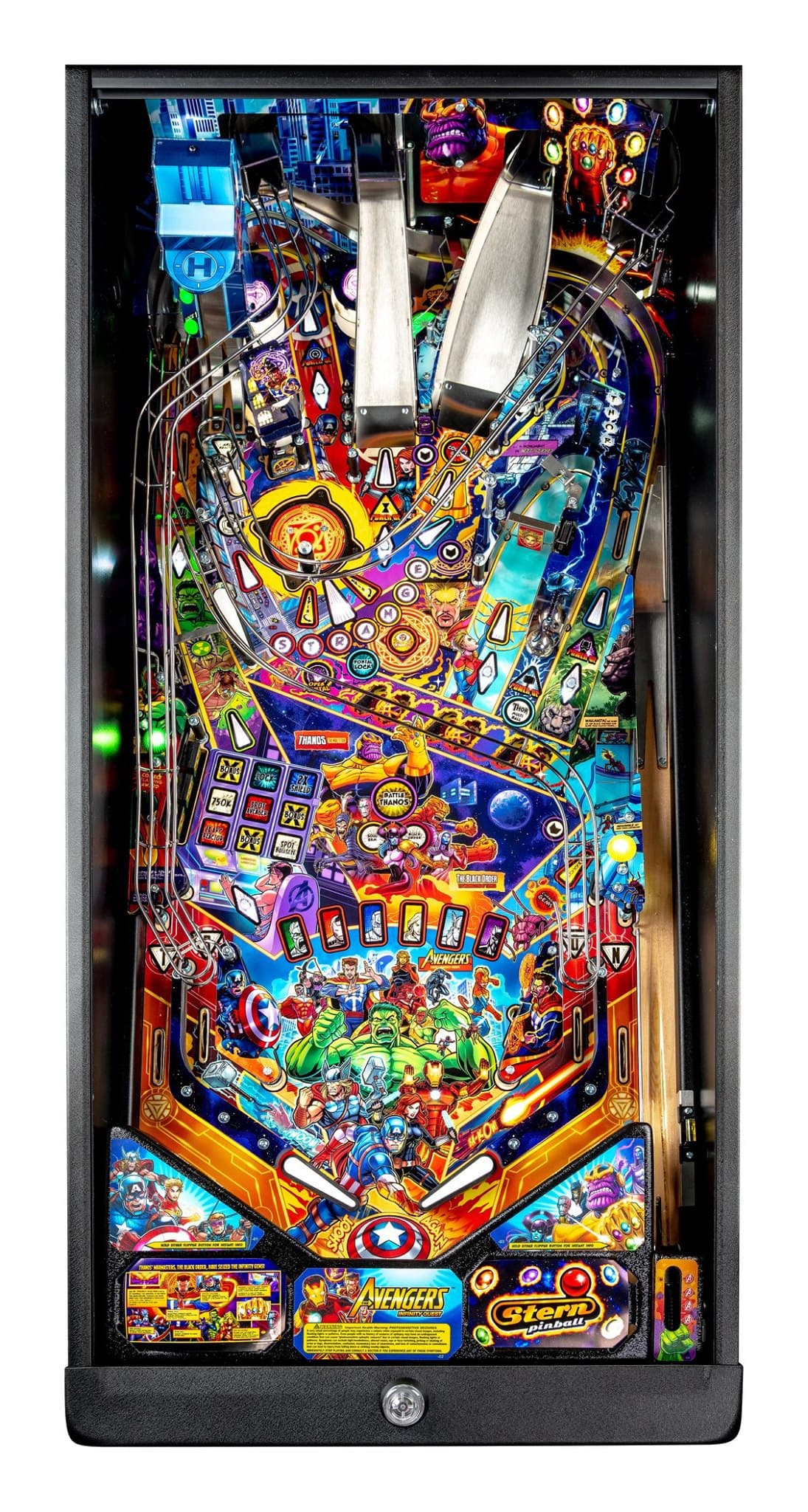Colorful Marvel Avengers pinball machine with superheroes and action scenes