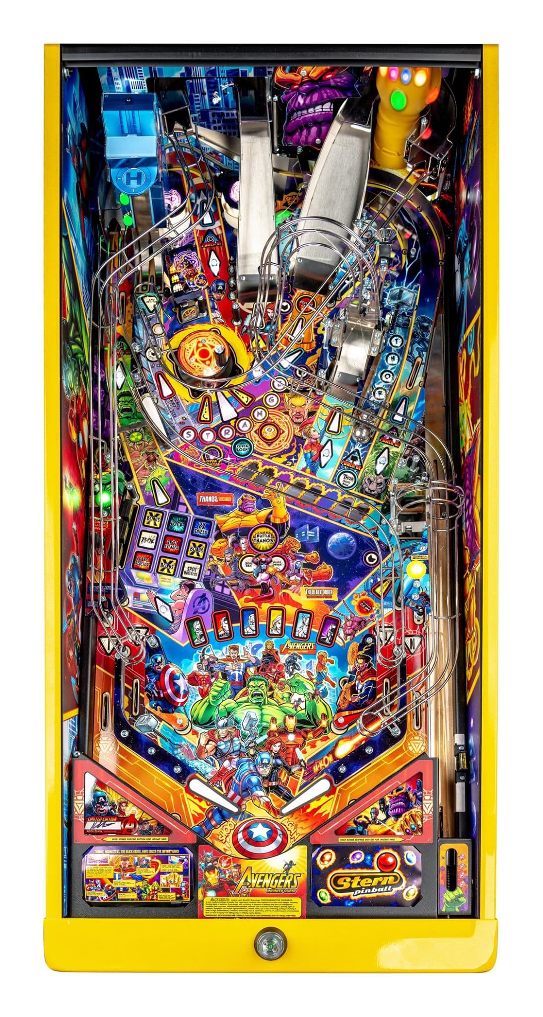 Marvel Avengers themed pinball machine with colorful superhero-filled playfield