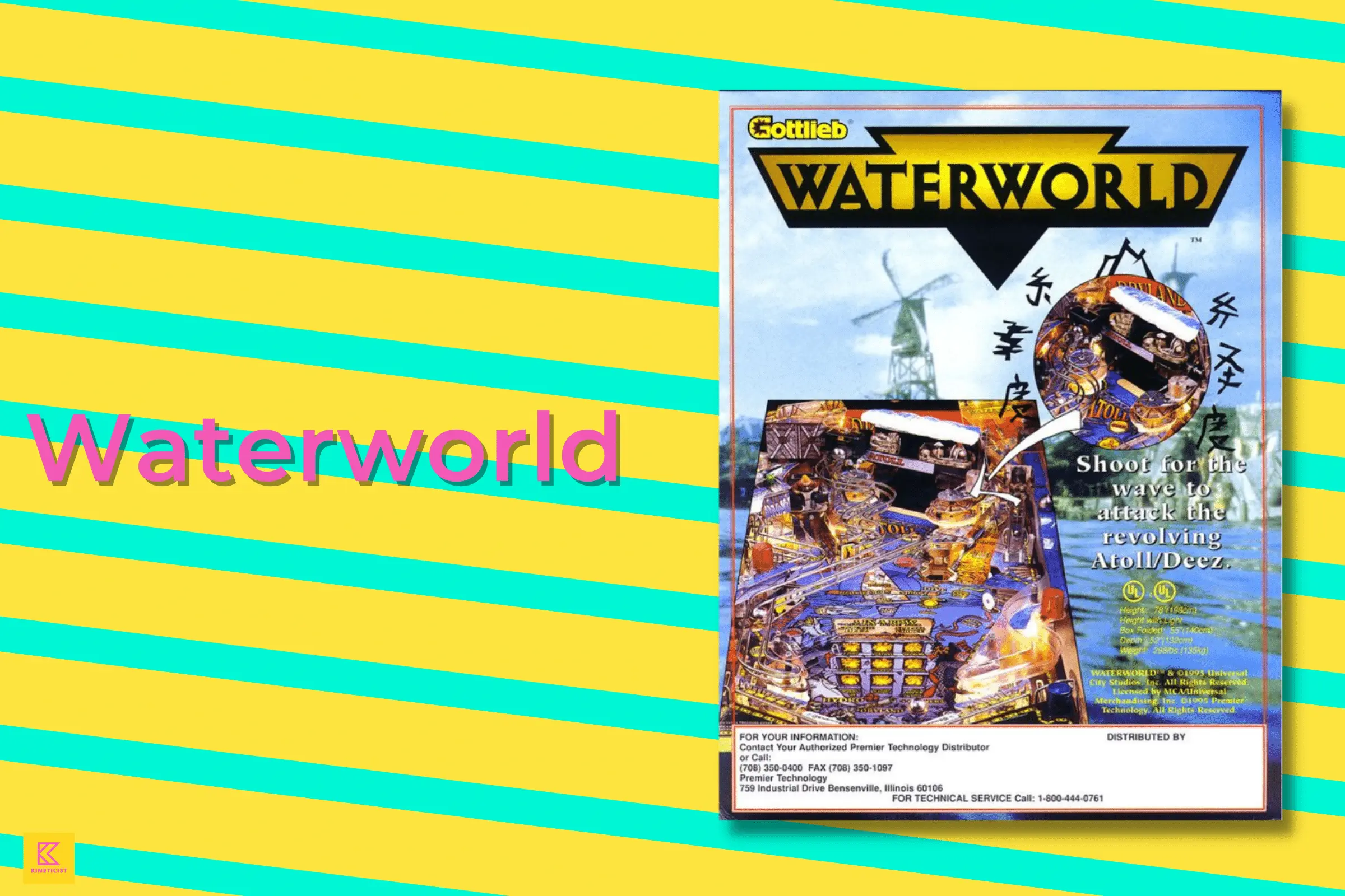 Waterworld pinball machine poster with colorful game board and windmill