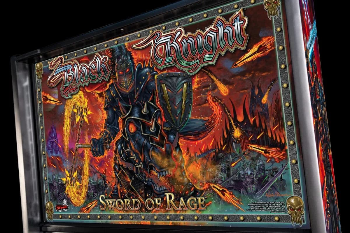 Black Knight: Sword of Rage pinball backglass with armored knight amid flames