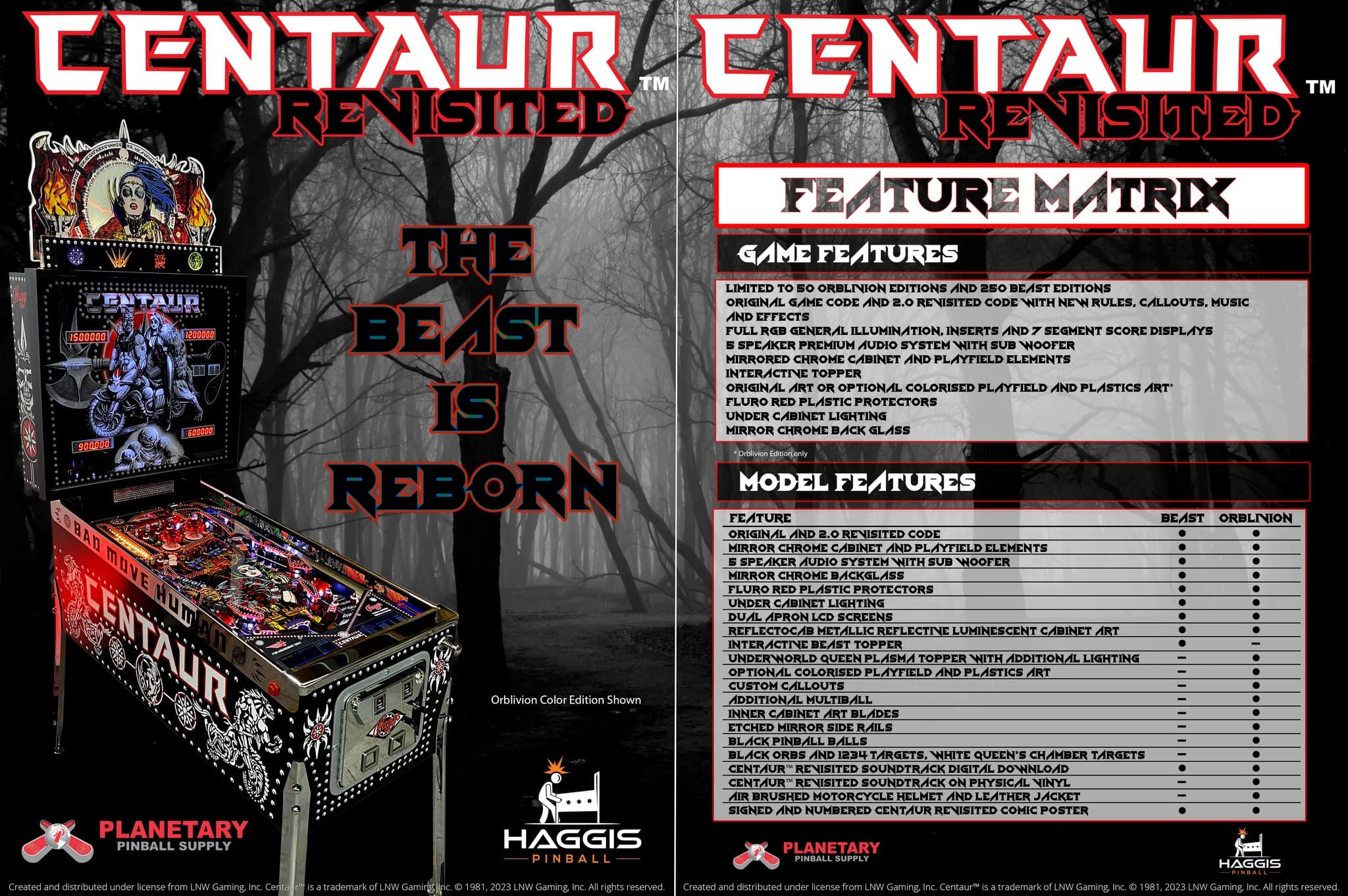Centaur Revisited pinball machine with feature matrix and dark forest backdrop