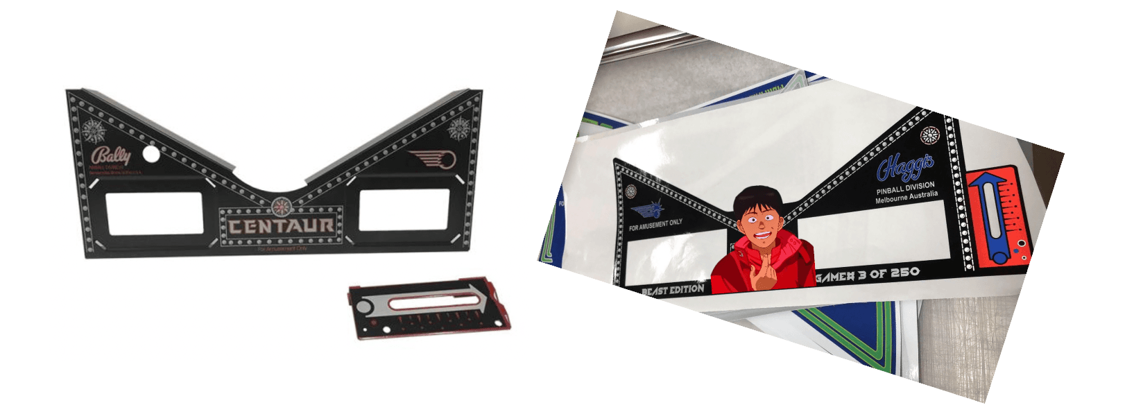 Centaur pinball machine backglass and scoreboard with cartoon character