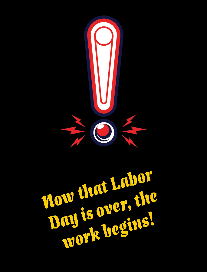 Labor Day poster with large exclamation mark and yellow text