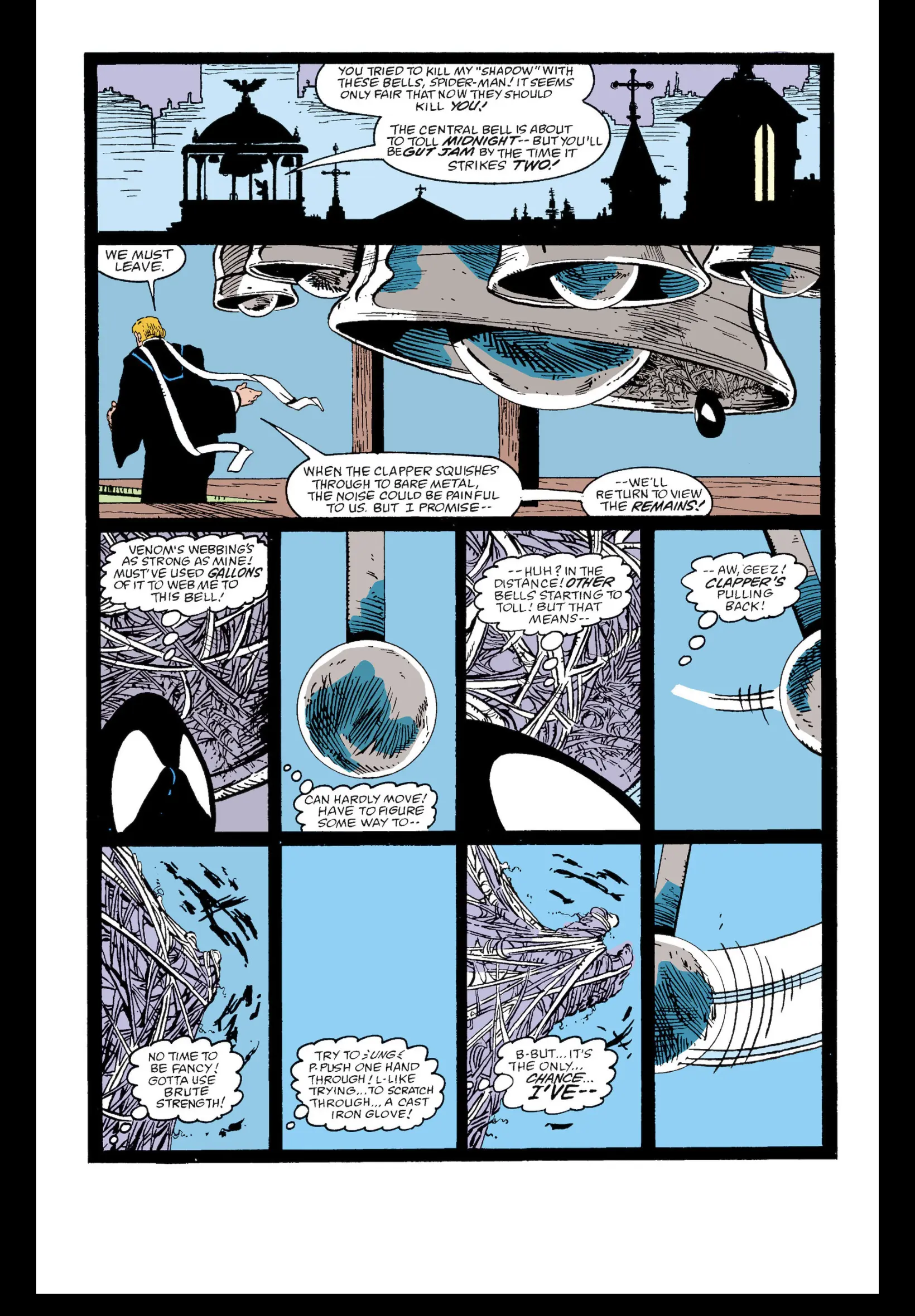 Comic panel with large bells, webs, and dramatic action sequence