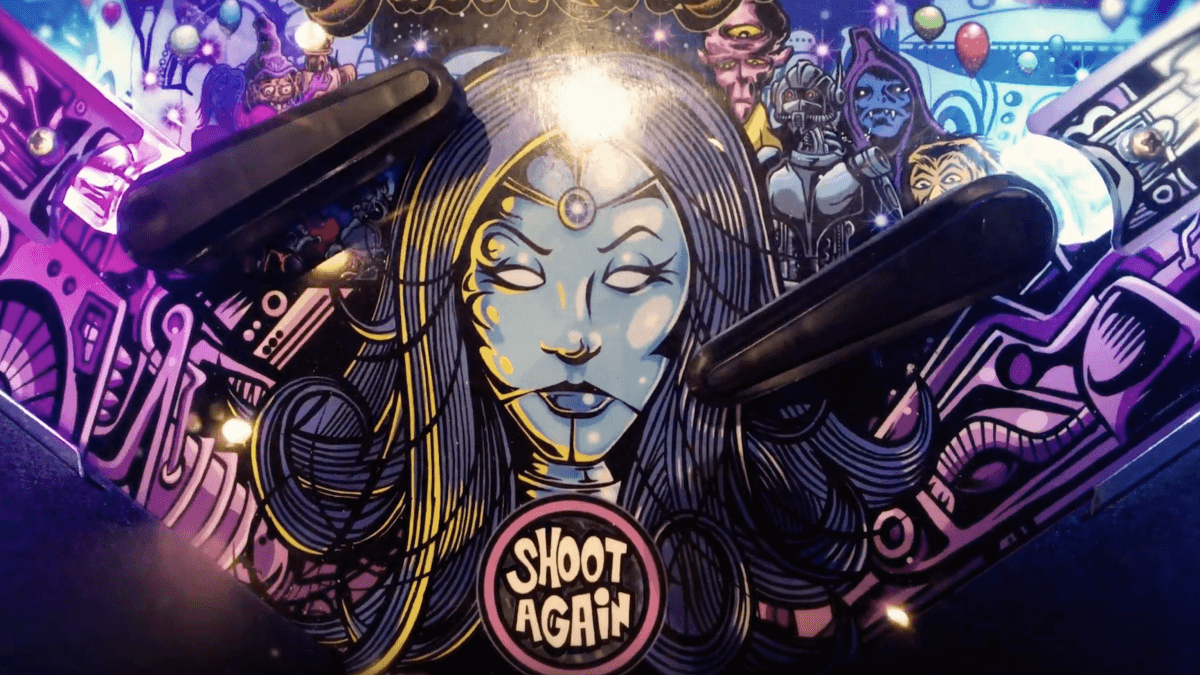 Mystical woman with closed eyes surrounded by surreal sci-fi characters