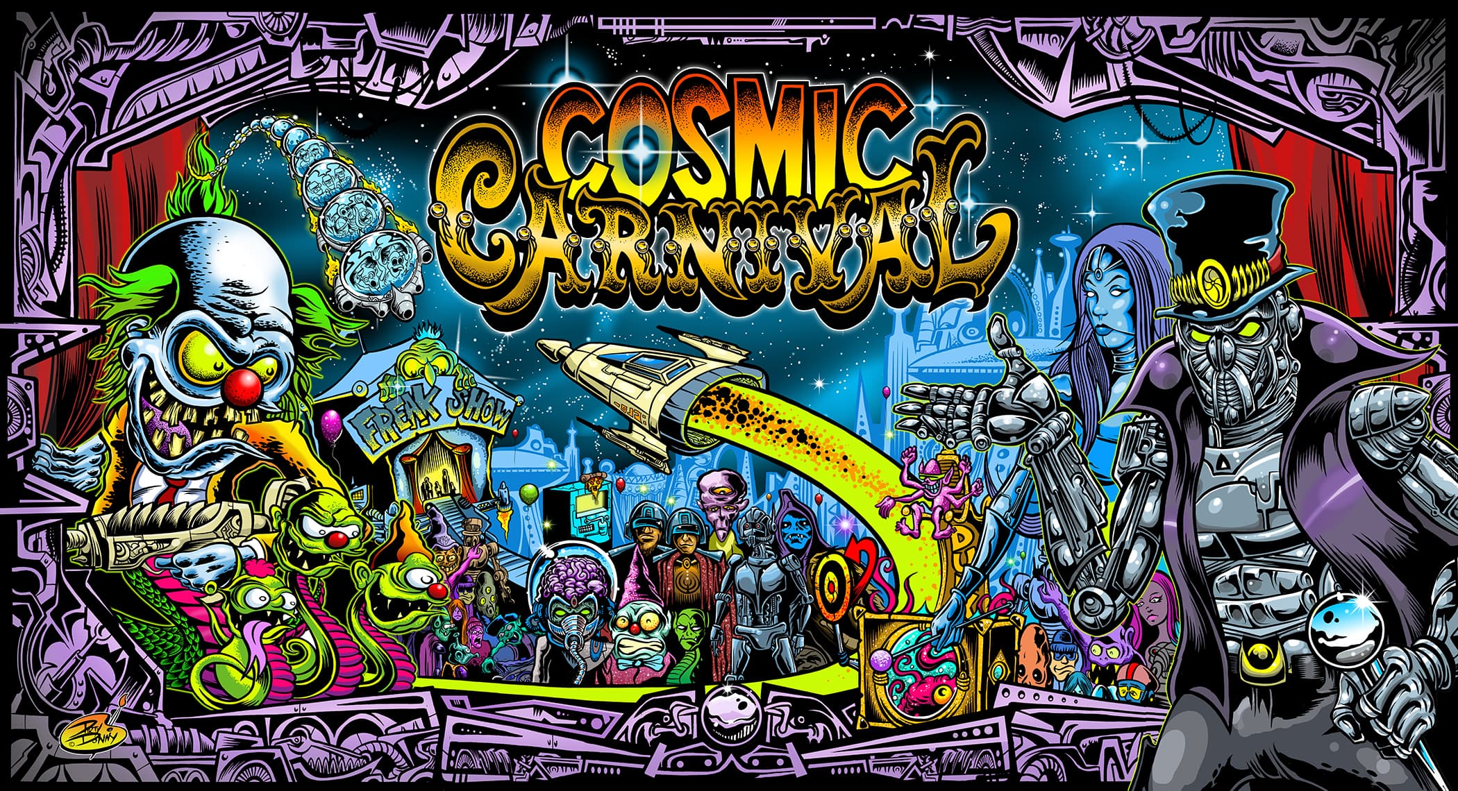 Vibrant cosmic carnival with aliens, clowns, and surreal sci-fi characters