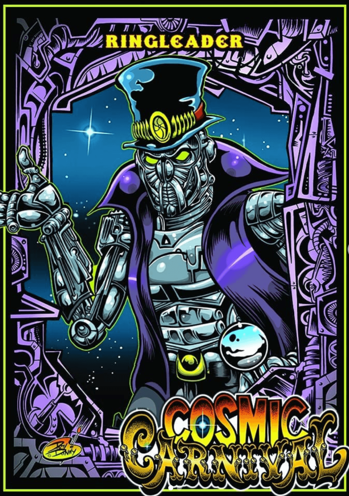Robotic ringmaster in cosmic steampunk style with starry background