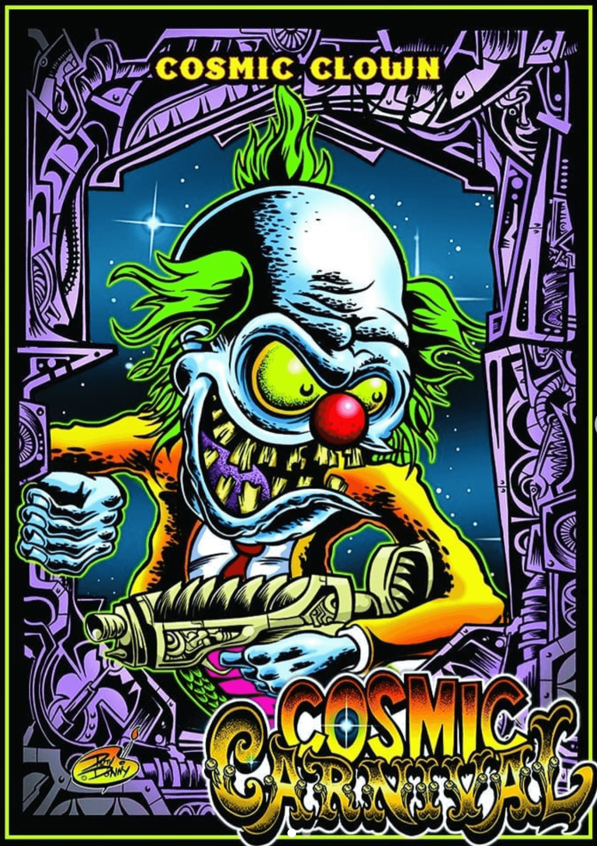 Psychedelic space clown with ray gun in cosmic carnival poster