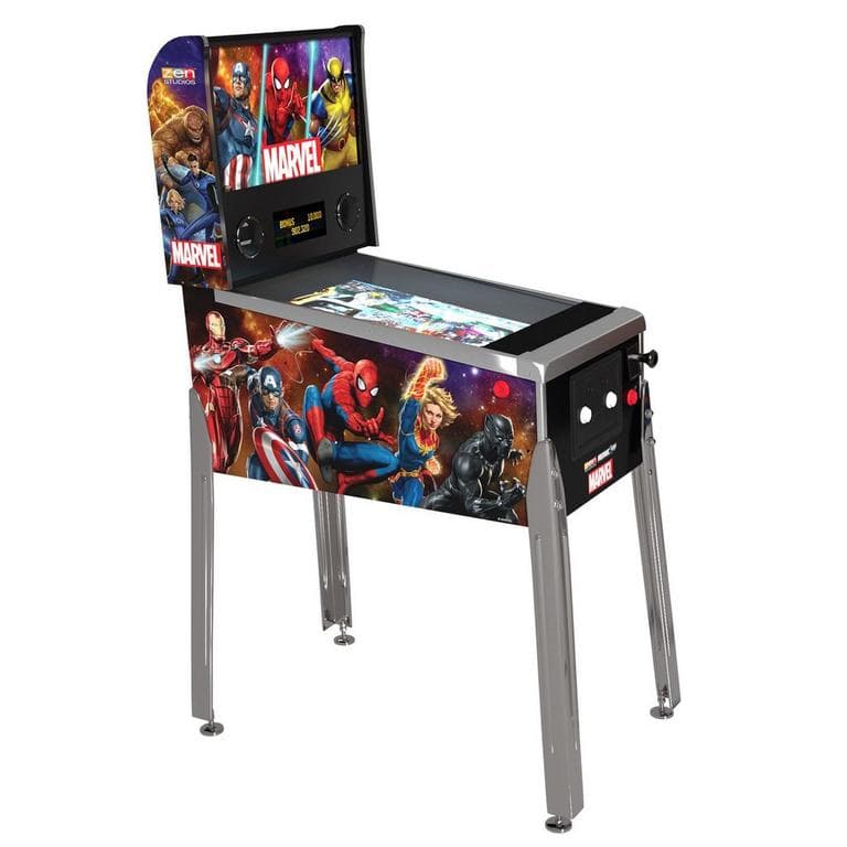 Marvel-themed pinball machine with superhero characters on sides