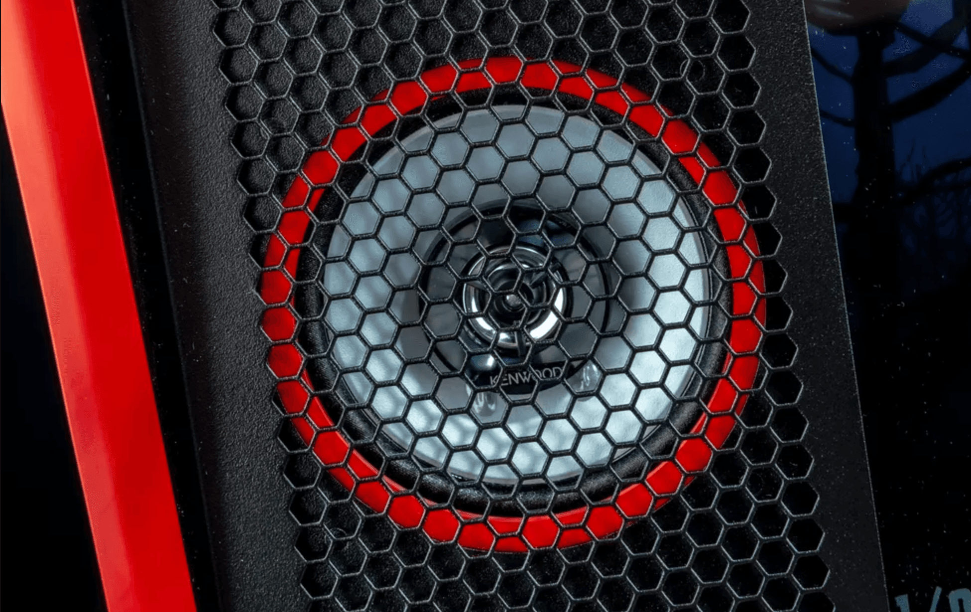 Kenwood speaker with hexagonal honeycomb design in red and gray