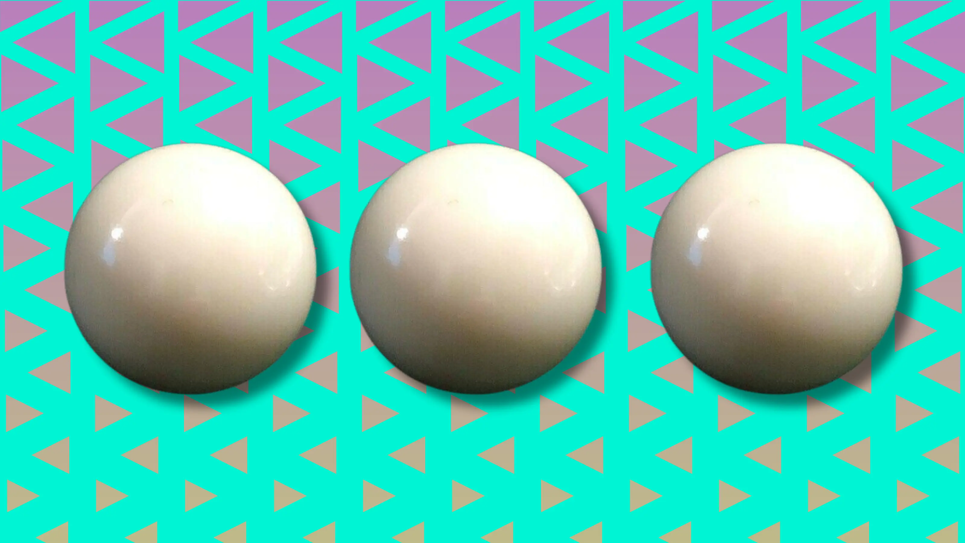 Three glossy white spheres on turquoise and purple triangular background