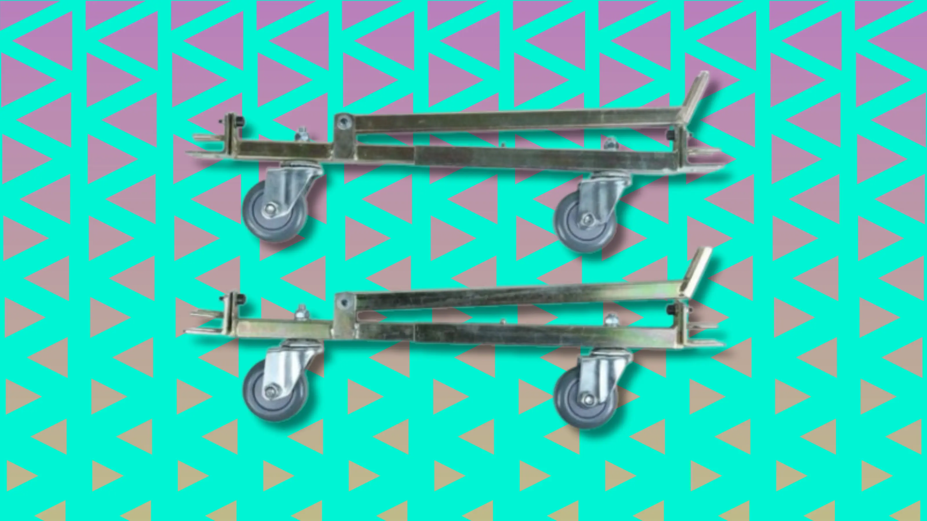 Two industrial metal caster wheels on adjustable frames against geometric background
