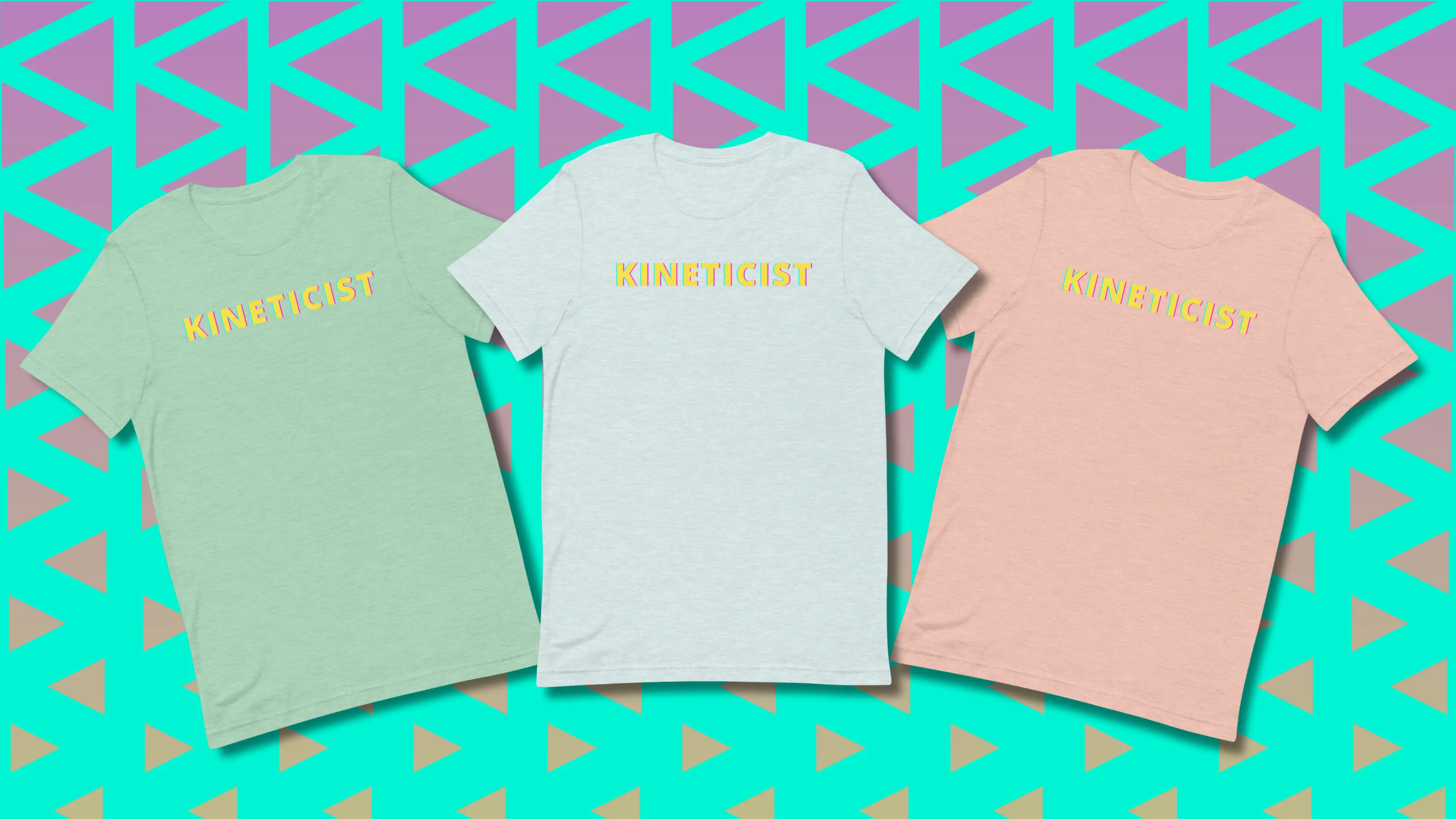 Three t-shirts with "Kineticist" printed in yellow on pastel backgrounds