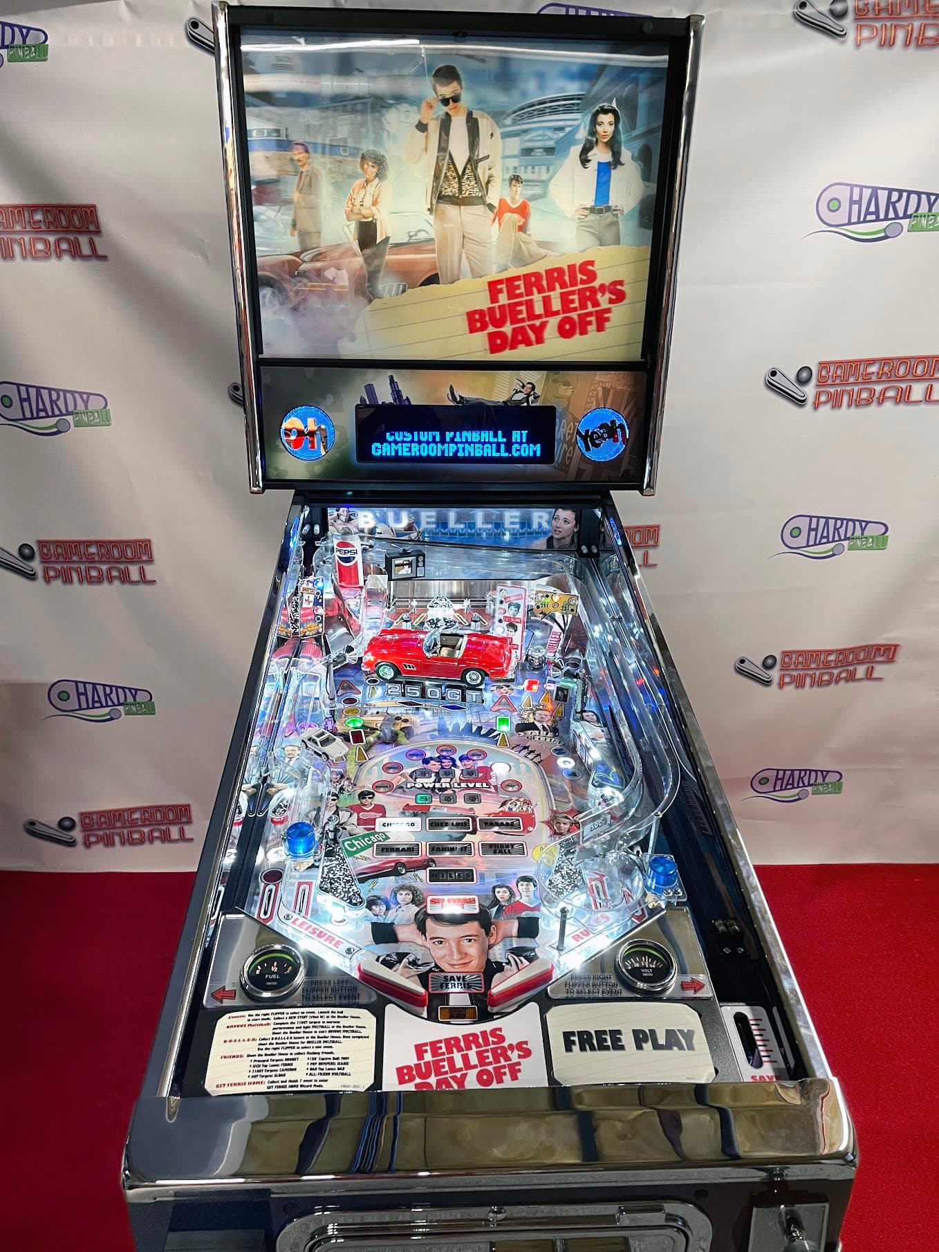 Ferris Bueller's Day Off themed pinball machine with movie poster and playfield