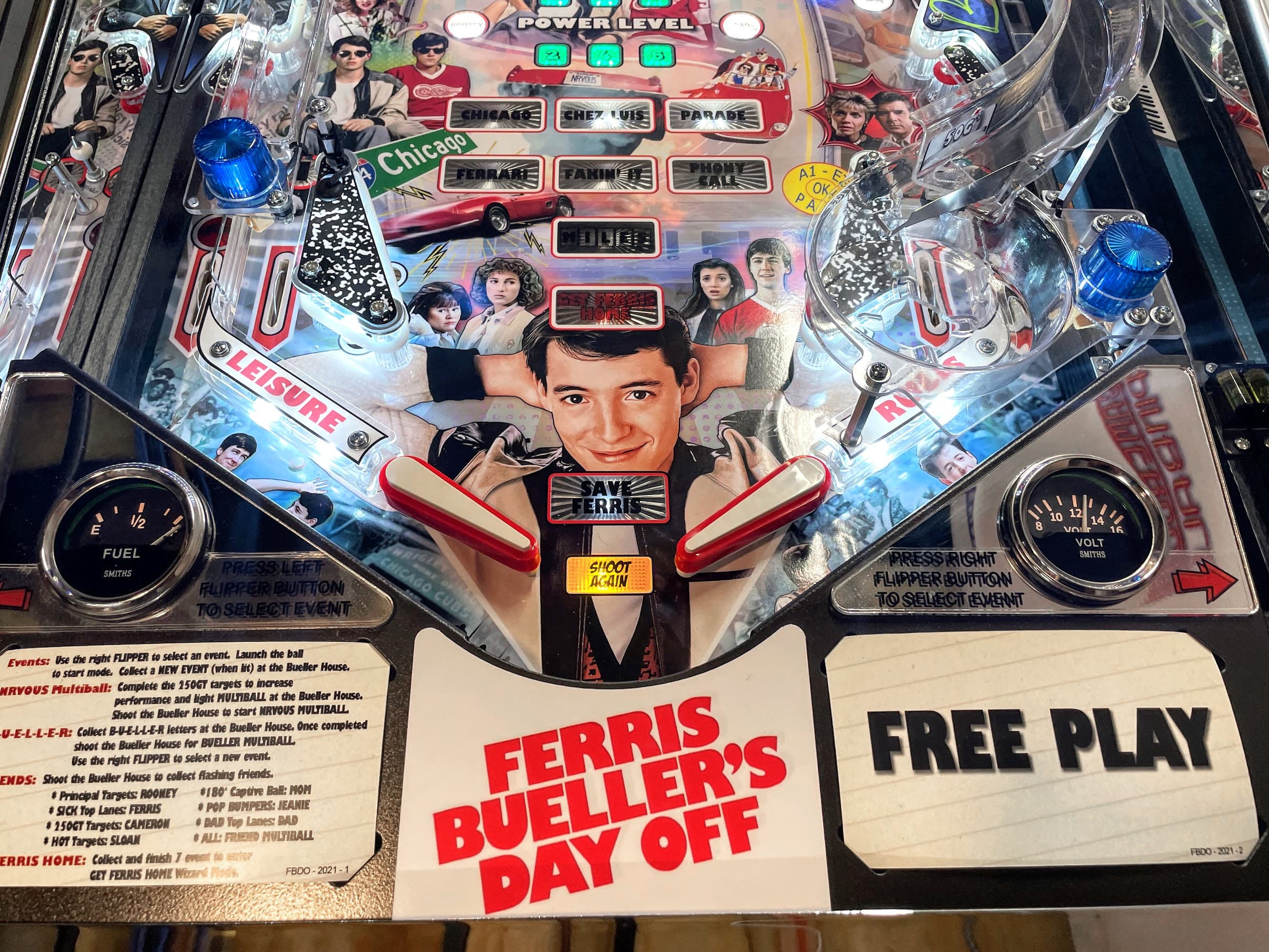 Ferris Bueller's Day Off themed pinball machine with colorful movie scenes