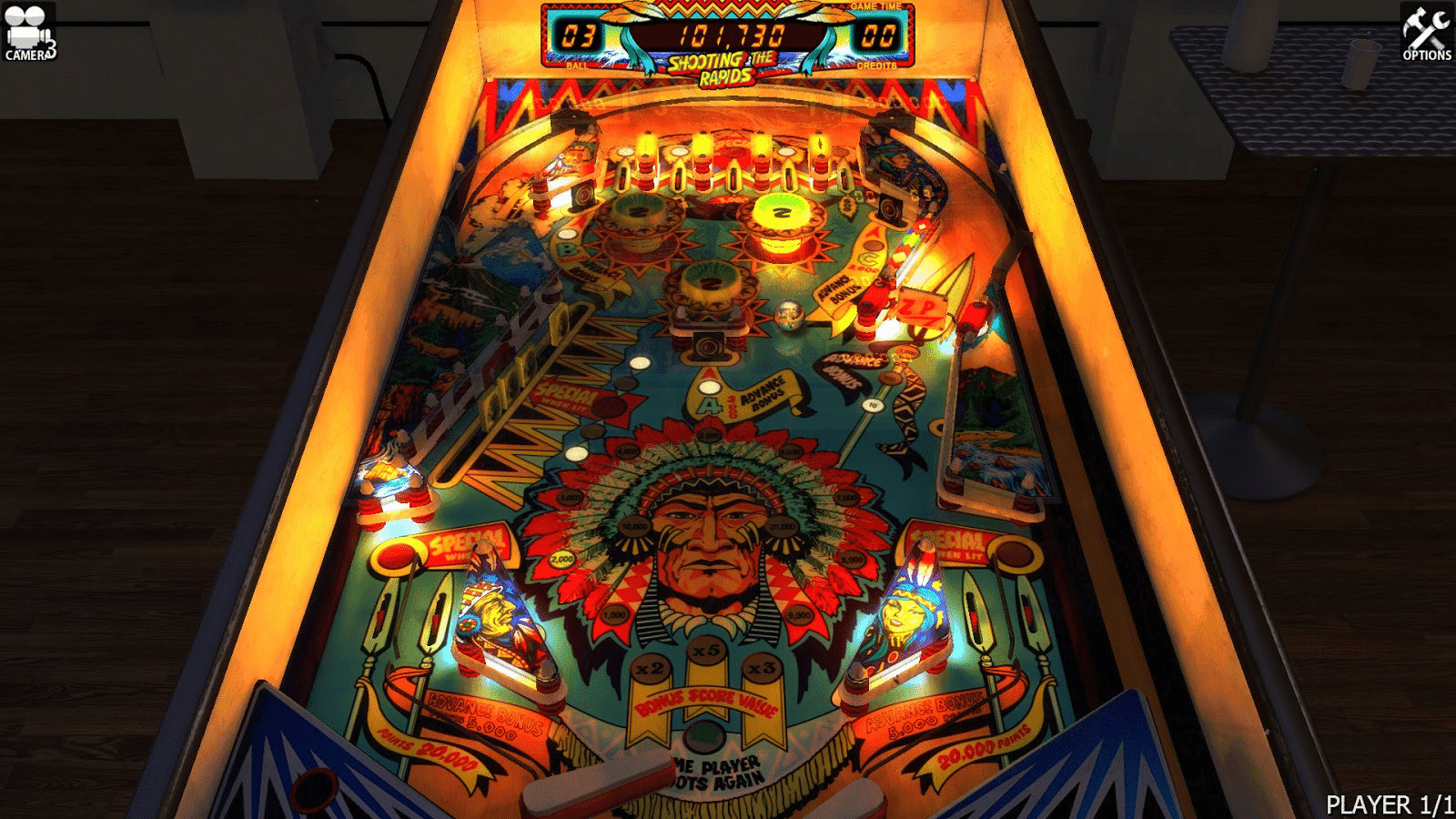 Colorful vintage pinball machine with Native American chief artwork